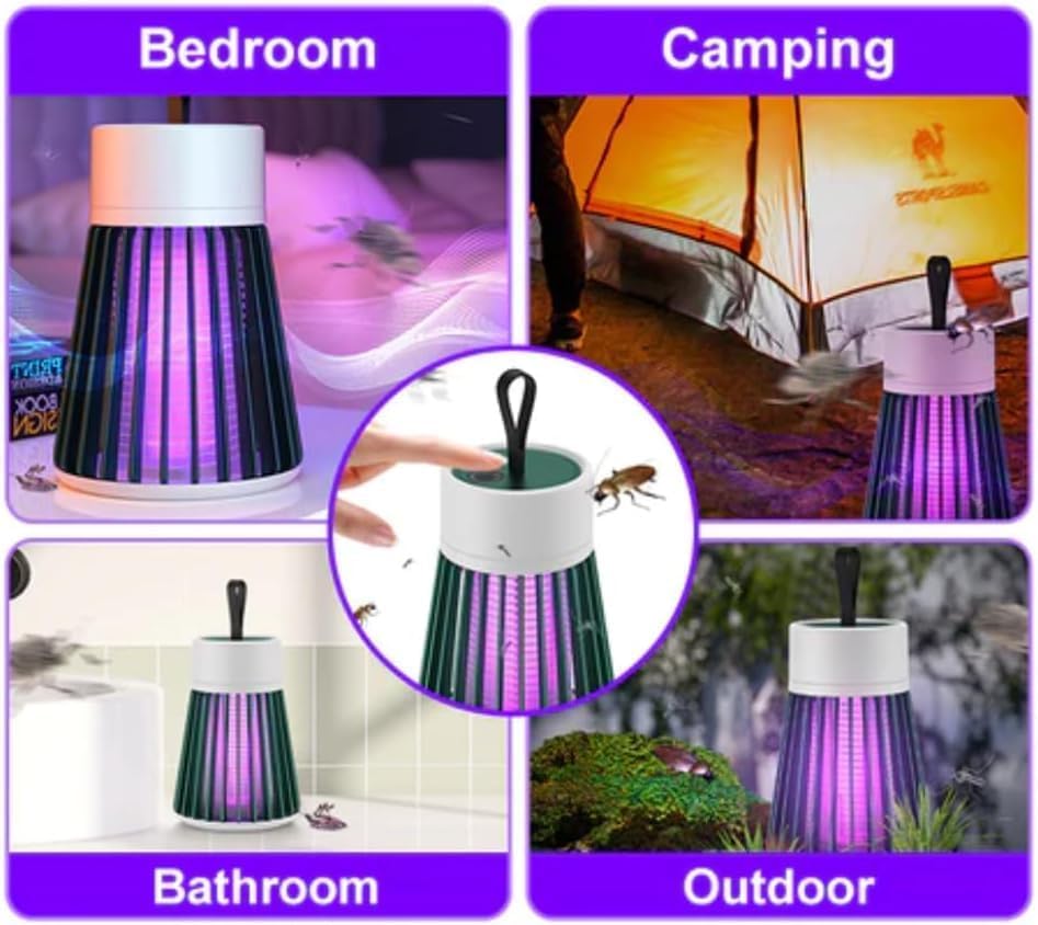 Insect zapper with uses shown in bedroom, camping, bathroom, and outdoor settings.