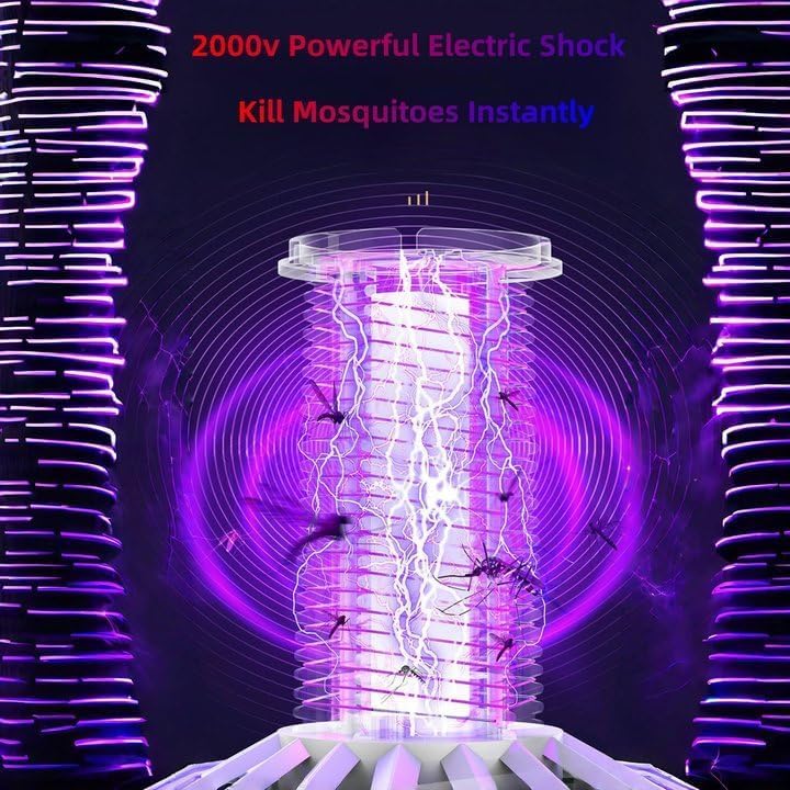 Mosquito zapper with electric shock effect and text on a dark background