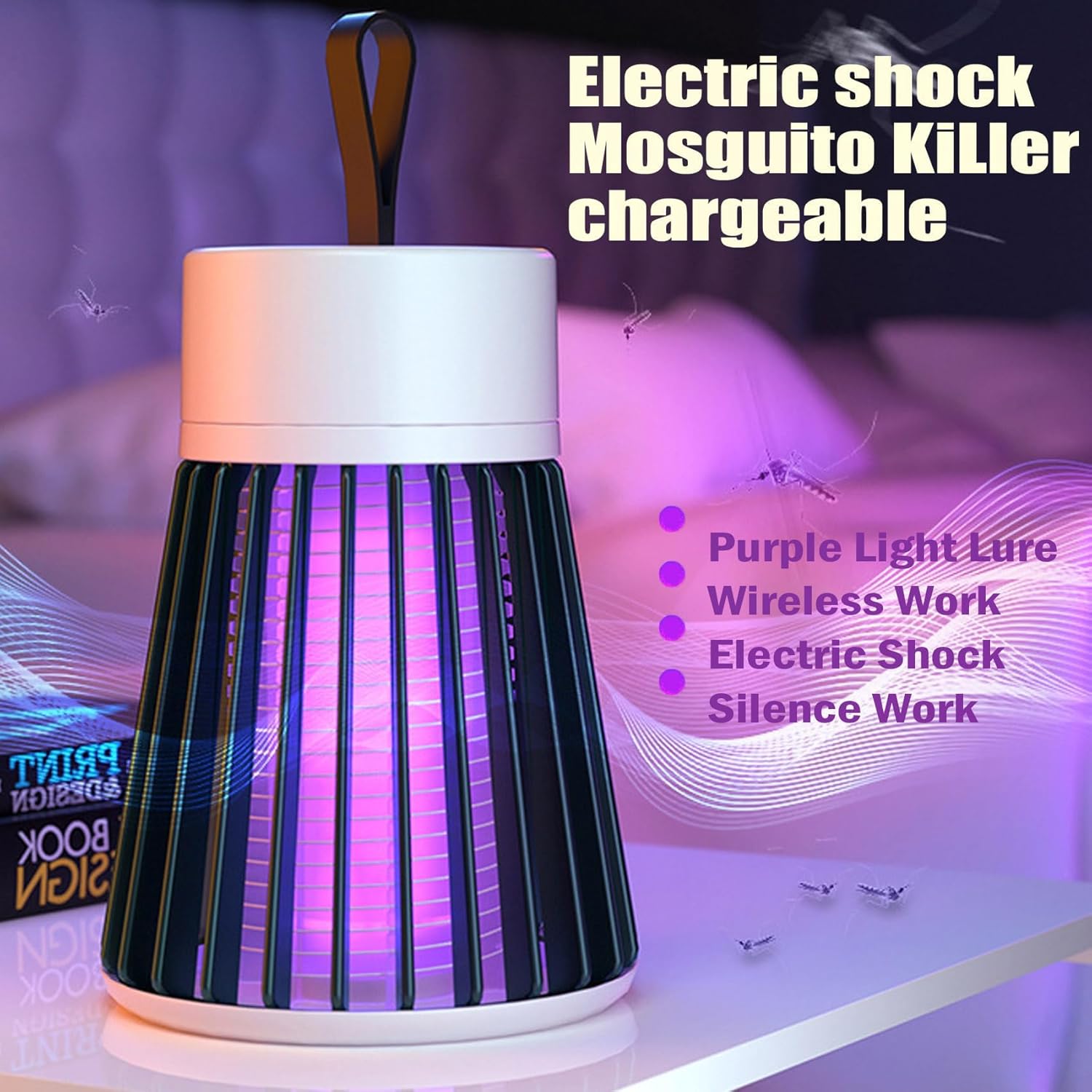 Electric shock mosquito killer with purple light lure on a blurred background