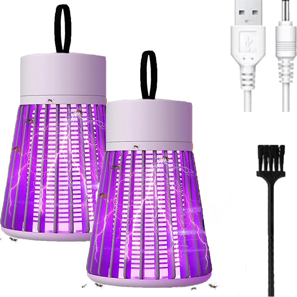 Purple mosquito killer lamp with USB cable and cleaning brush on a white background