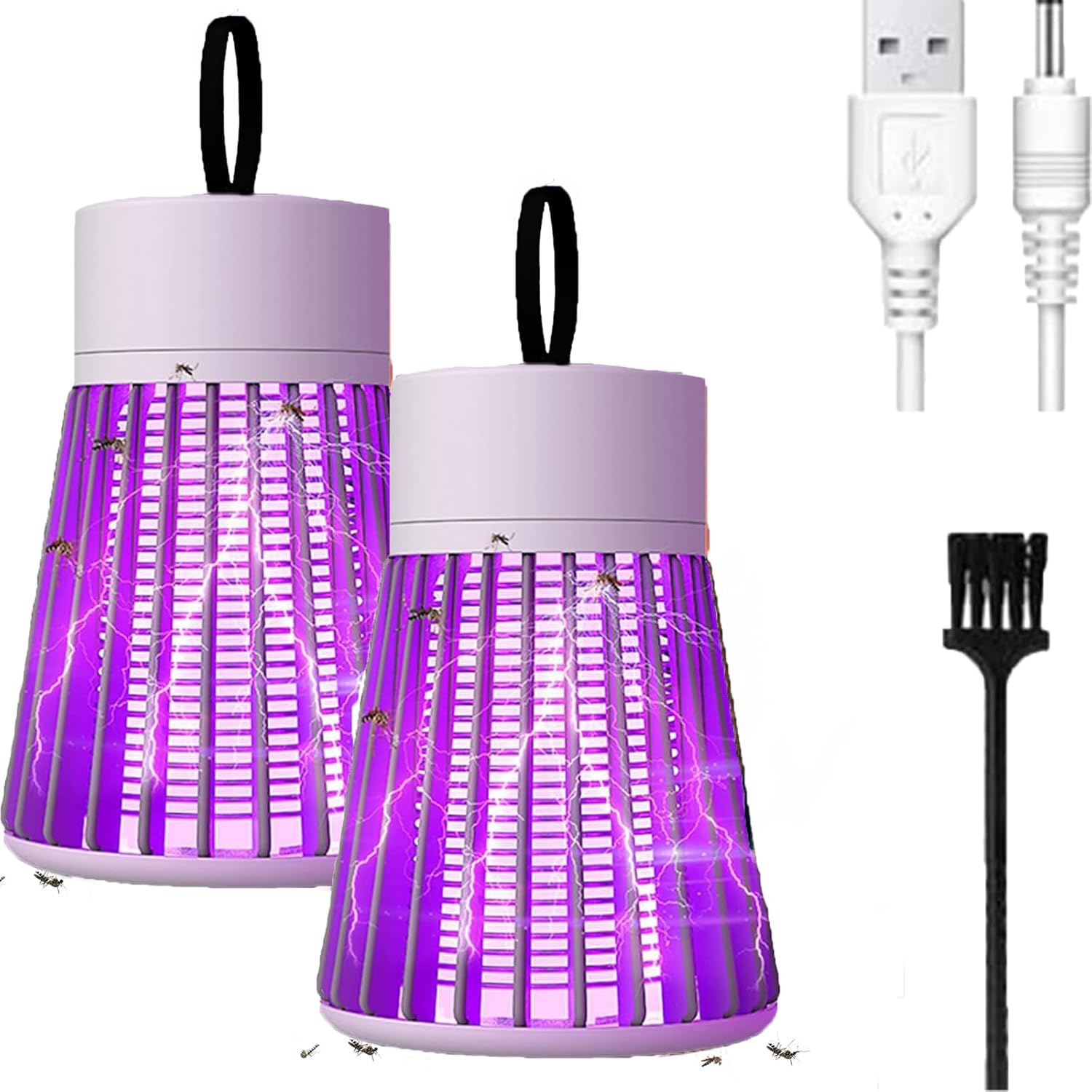 Purple mosquito killer lamp with USB cable and cleaning brush on a white background
