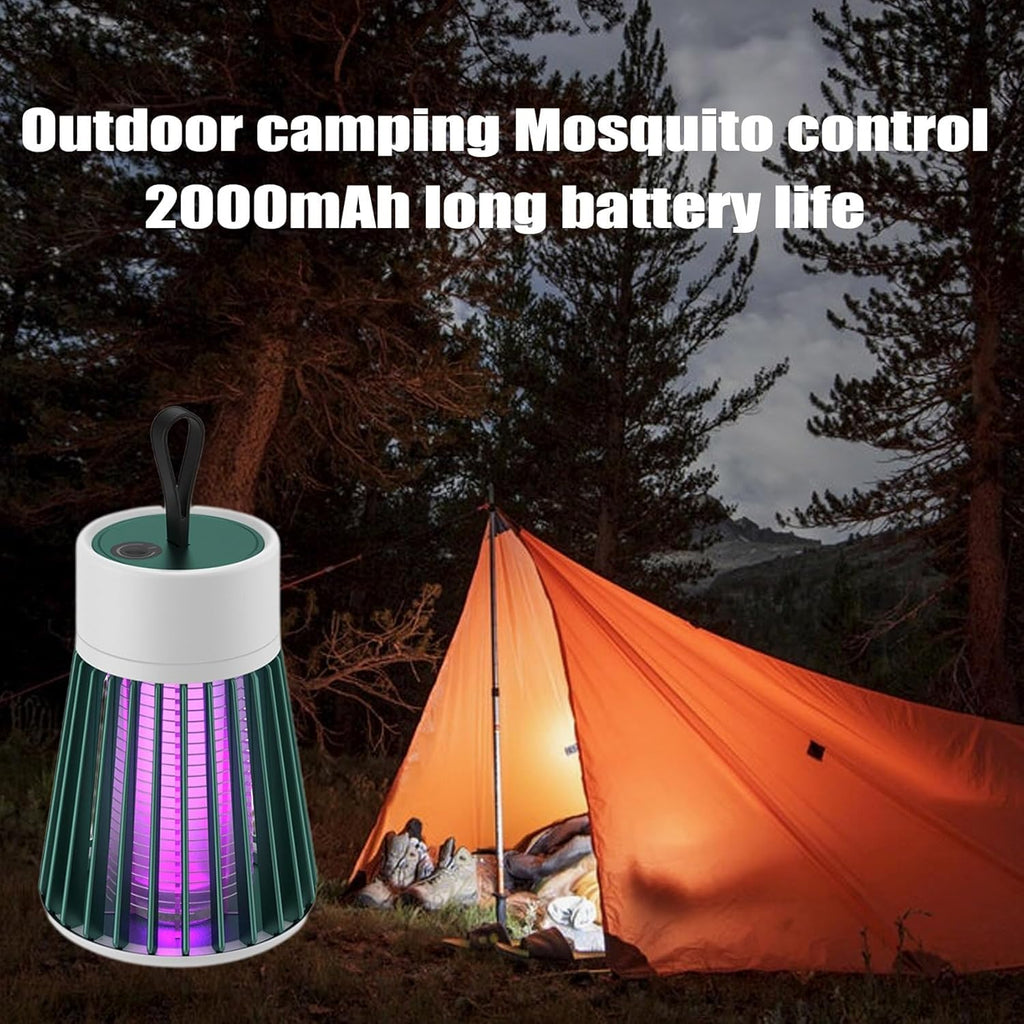 Mosquito control device next to a tent in a camping setting with text about battery life.