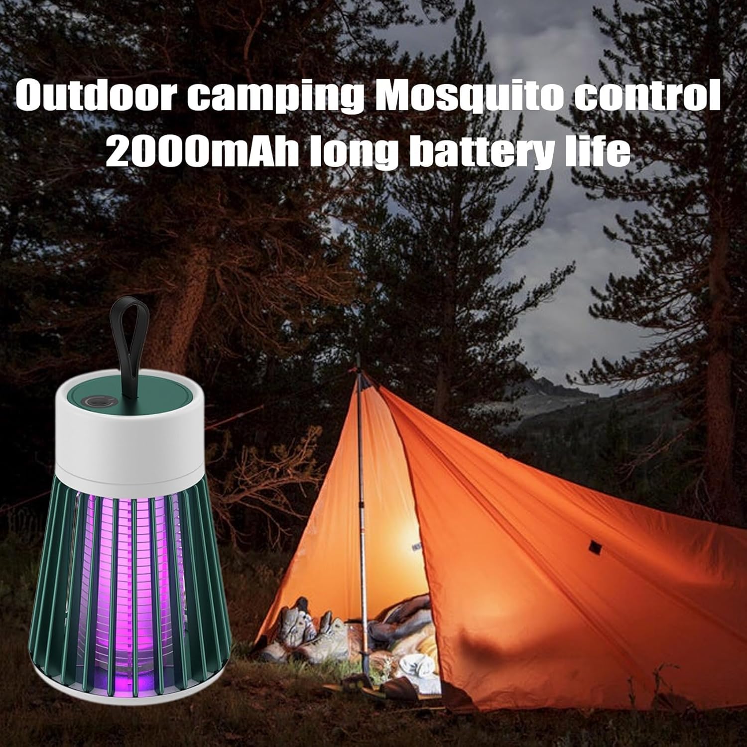 Mosquito control device next to a tent in a camping setting with text about battery life.